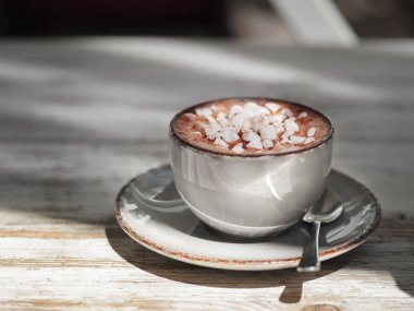 Makro resmi Kupası metal bir kaşıkla. Lezzetli kapuçino üzerinde gri bir ahşap masa arka plan, yakın çekim. Beyaz marshmallow ile tatlı kakao bardak tam bir gri porselen kupa.