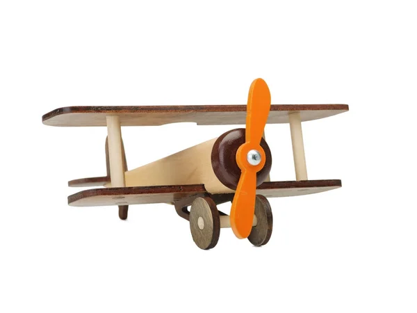 Nahaufnahme Bild Von Braunen Holzspielzeug Flugzeug Isoliert Auf Weißem Hintergrund — Stockfoto