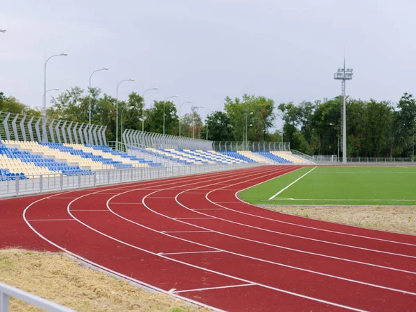 Spor ve fitness kavramı. Spor Stadyumu için donatım: renkli koşu bandı, mavi ve sarı standları, parlak alan, stadyumda gri ışıklar. Yemyeşil ağaçlar ve arka planda mavi gökyüzü.