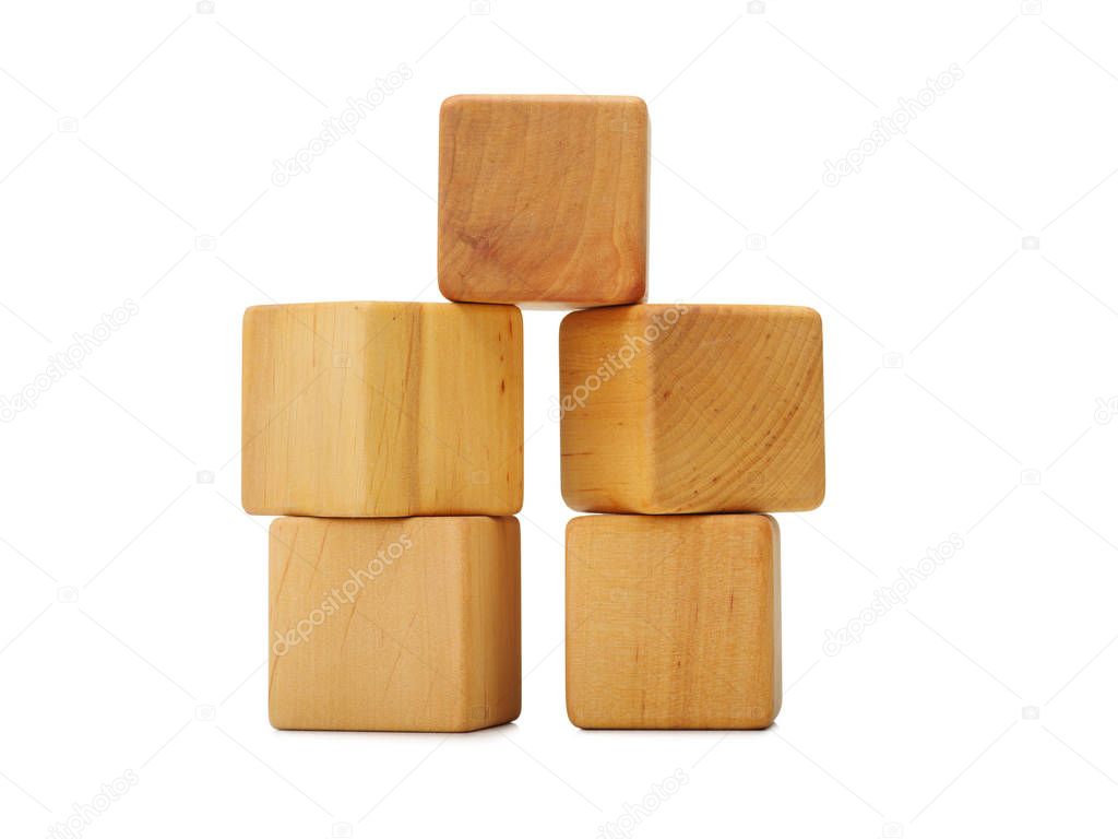 Several wooden cubes blocks with empty copy space for message word, isolated in white. Wooden cubes on white background with copy space. Still-life picture taken in studio with soft-box.