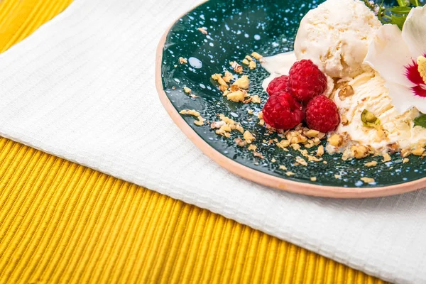 Güzel bir tabak ahududu ile rendelenmiş ceviz, soğuk bir vanilya tatlı tam bir beyaz bez ve Sarı zemin üzerine nane bileşimi close-up. Dondurma kaşık toz bir dekoratif çiçek.