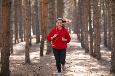 Genç esmer atlet sonbahar ormanda çalışır.