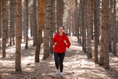 Genç esmer atlet sonbahar ormanda çalışır.