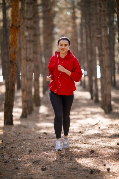 Genç esmer atlet sonbahar ormanda çalışır.