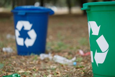 Parlak mavi ve yeşil park depo gözleri geri dönüşüm bir çiftin yakın çekim. Plastik çöp konteynırları yanındaki plastik şişe doğal arka plan bulanık. Çevre, ekoloji geri dönüşüm kavramı,.