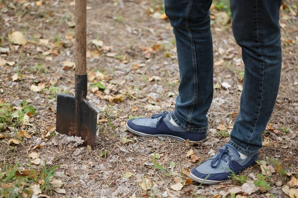 erkek ayakları ve metal kürek Close-Up zemine kazdık.