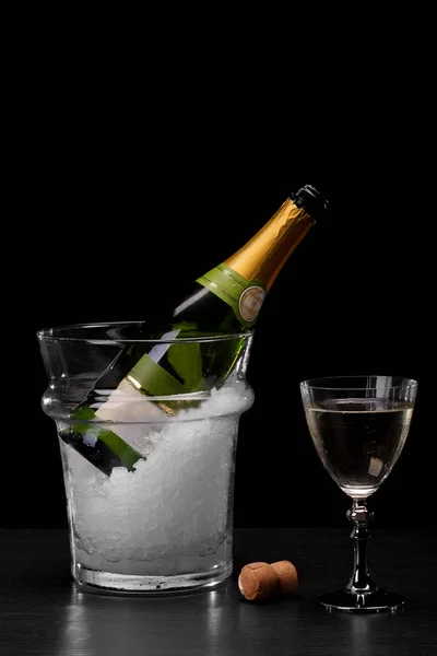 Close Picture Bottle Chilled Champagne Transparent Bucket Crushed Ice Saturated — Stock Photo, Image