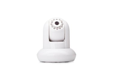 Bir close-up izole beyaz bir arka plan üzerinde beyaz bir yuvarlak Usb web kamerası. Modern bilgisayar aygıt iletişim, çekim fotoğraf veya video çekimi için. Teknoloji, bilgisayar kavramı. Kopya alanı.