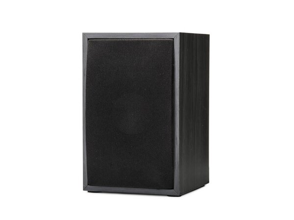 A close-up picture of a black vintage loudspeaker isolated on a white background. Audio equipment for sound quality. Entertainment, technology, music concept.