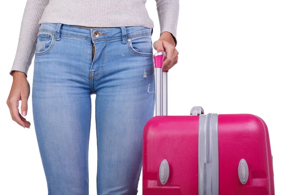 Büyük pembe çanta üzerinde beyaz bir backkground izole kadının elinde.