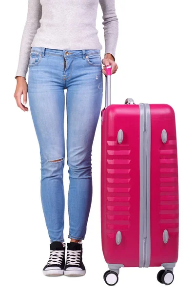 Μεγάλη ροζ βαλίτσα στο χέρι γυναικείο απομονώνονται σε ένα λευκό backkground. — Φωτογραφία Αρχείου