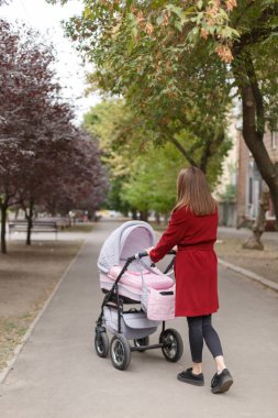 Genç güzel anne ile bebek parkta yürüyüş.