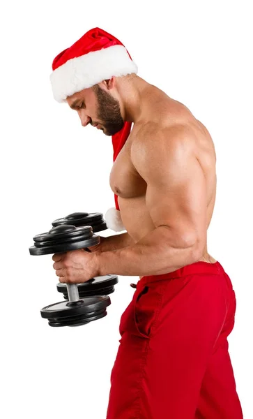 肌肉锻炼与哑铃，孤立的白色背景上的圣诞老人 — 图库照片