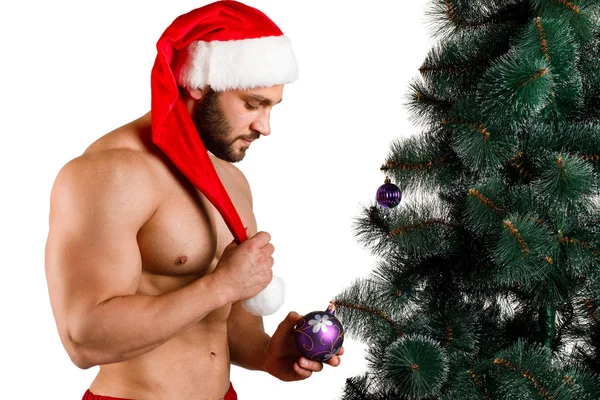 Seksi Noel adam ayakta beyaz bir arka plan üzerinde izole köknar ağacı yakınındaki.