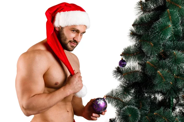Seksi Noel adam ayakta beyaz bir arka plan üzerinde izole köknar ağacı yakınındaki.