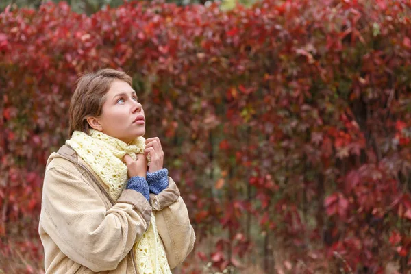 Портрет дівчини, яка дивиться в білий шарф — стокове фото