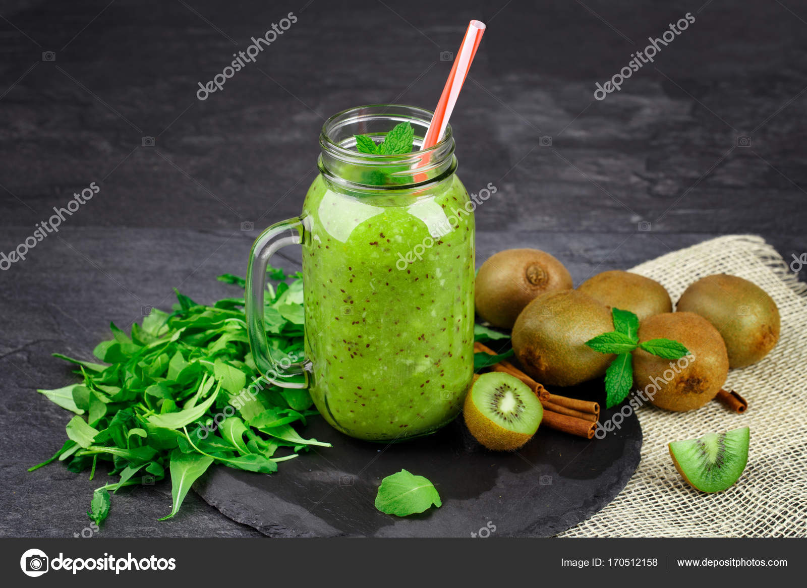 Close Mason Jar Kiwi Juice Organic Ingredients Black Table.