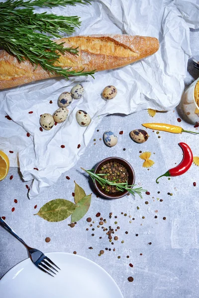Top View Lunch Ingredients Spices Gray Background Baguette Quail Eggs — Stock Photo, Image