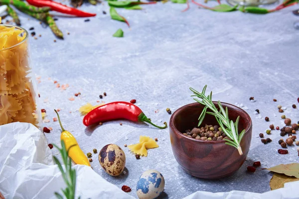 Close Picture Ingredients Seasoning Gray Stone Background Wooden Bowl Full — Stock Photo, Image