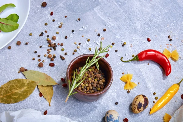 View Fragrant Ingredients Seasoning Gray Stone Background Wooden Bowl Full — Stock Photo, Image