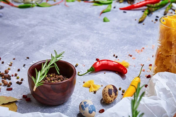 Close Picture Ingredients Seasoning Gray Stone Background Wooden Bowl Full — Stock Photo, Image