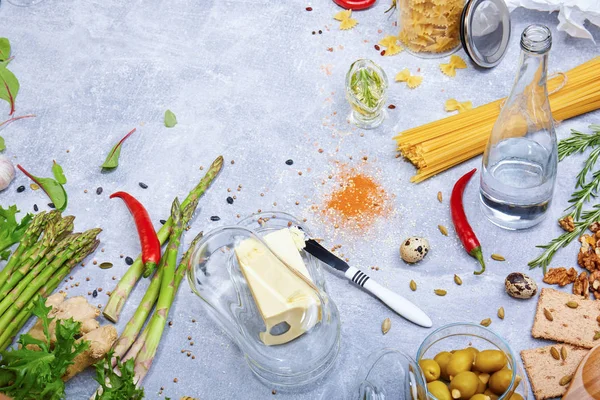 Composition Various Healthy Ingredients Gray Table Background Greens Asparagus Hot — Stock Photo, Image