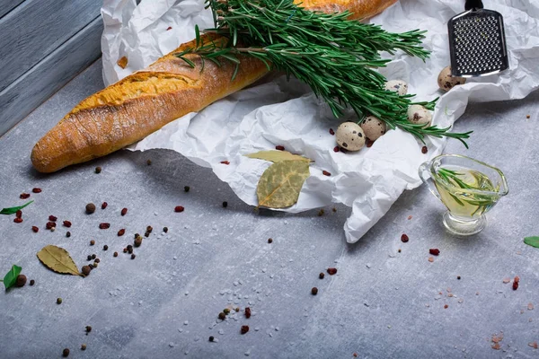 Beautiful Colorful Composition Lunch Ingredients Spices Gray Background White Baguette — Stock Photo, Image