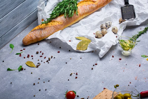 Beautiful Colorful Composition Lunch Ingredients Spices Gray Background White Baguette — Stock Photo, Image