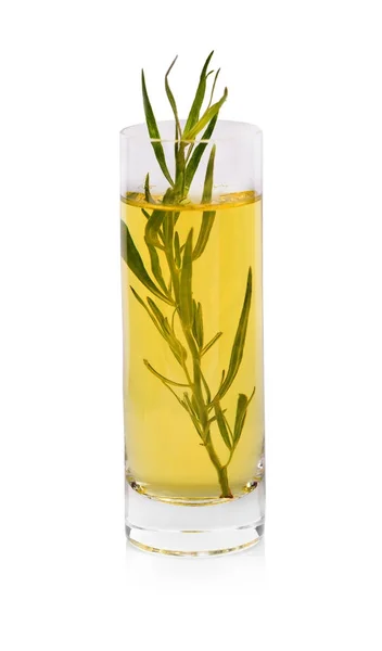 Vaso Aceite Oliva Amarillo Con Una Ramita Estragón Particularmente Adecuado — Foto de Stock