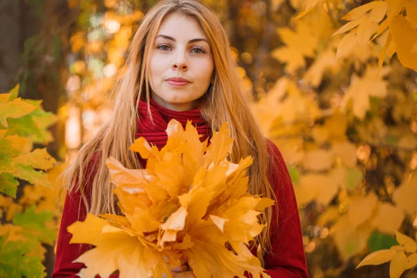 Genç güzel kadın ith kırmızı saç sonbahar Park. — Stok fotoğraf