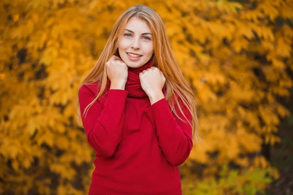 Jovem bela mulher ith cabelo vermelho no parque de outono . — Fotografia de Stock