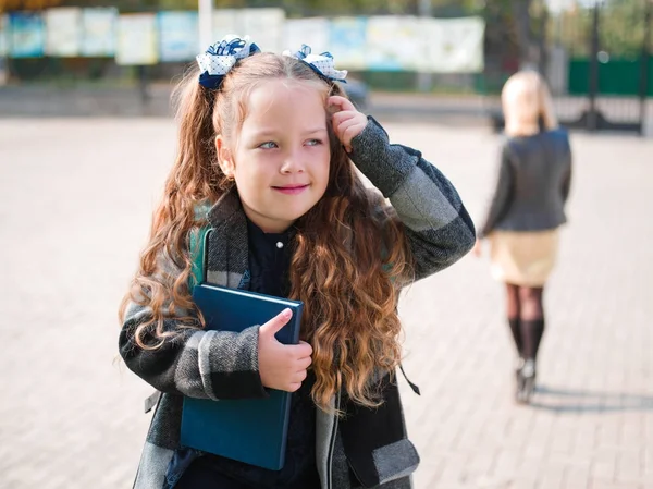 Het meisje gaat naar school met een werkmap en boeken — Stockfoto