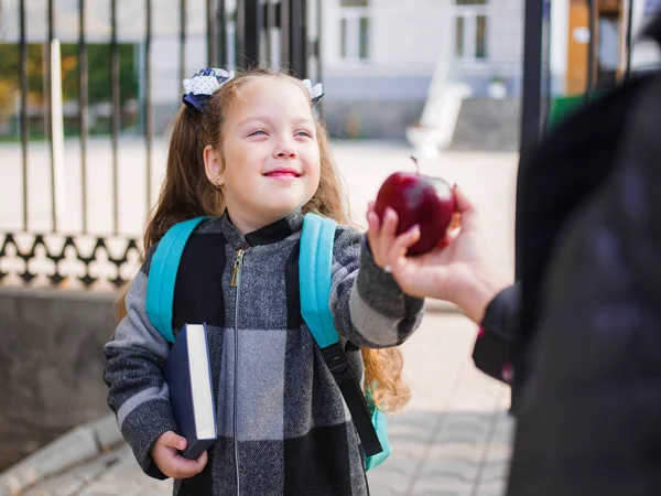 Het meisje gaat naar school met een koffertje en een boek — Stockfoto