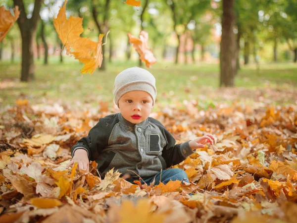 Мальчик играет в листовке в парке — стоковое фото