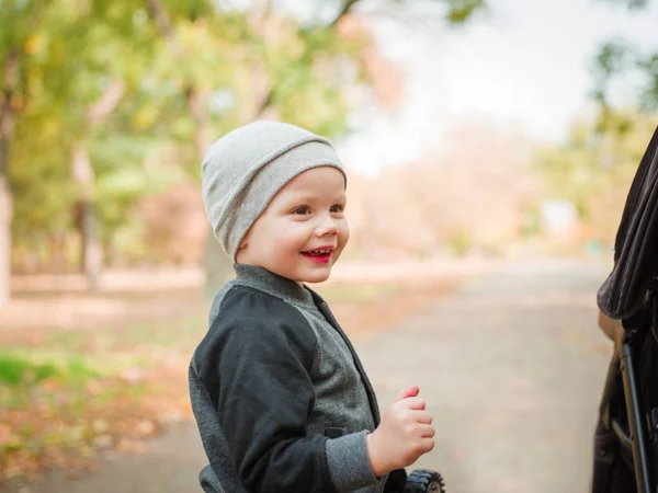 Um menino sorri no outono no parque — Fotografia de Stock