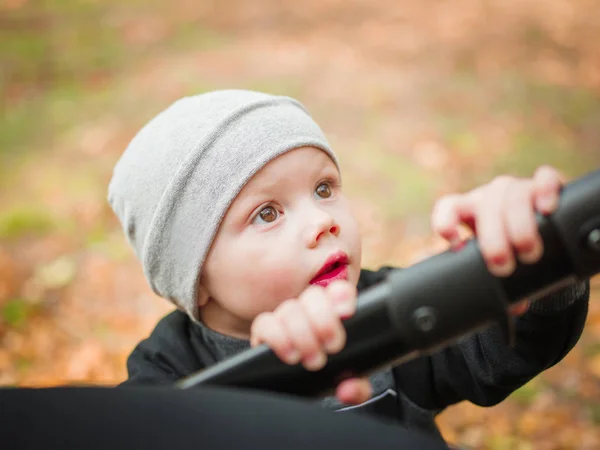 Маленький мальчик крупным планом осенью в парке — стоковое фото