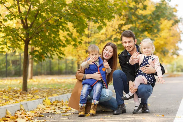 Famiglia, infanzia, concetto d'amore. Famiglia felice che gioca con foglie autunnali nel parco. Una famiglia olandese. Mamma e papà con bambini . — Foto Stock