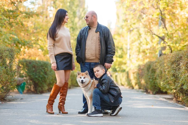 Família bonita feliz que anda com o cão no parque. Conceito animal . — Fotografia de Stock