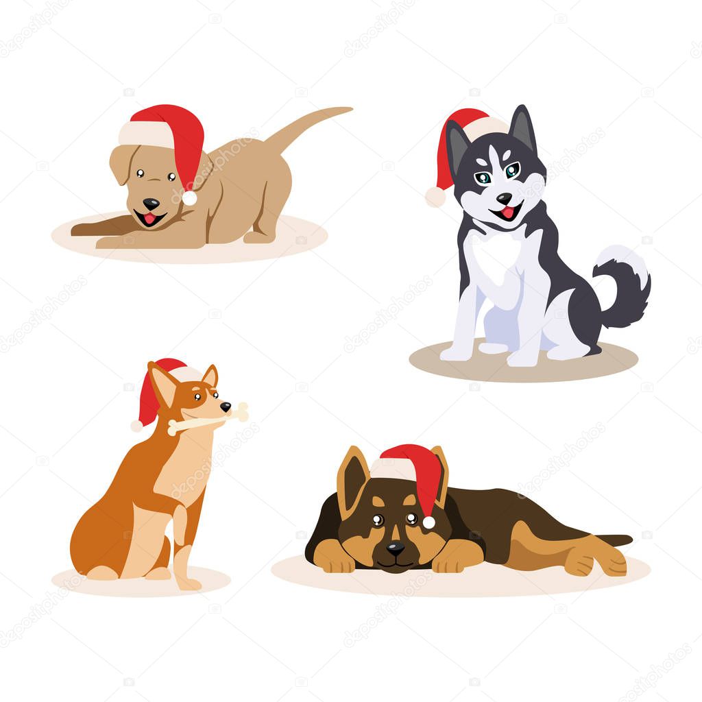 Four cute little dogs in Santa Claus hats, isolated on a white background. Happy different puppies. Vector illustration.