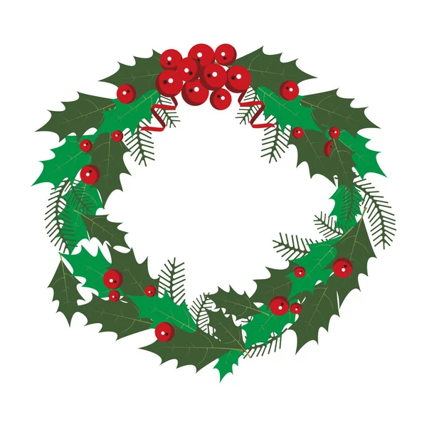 Uma grinalda de Natal com folhas verdes e bagas de viburno vermelhas em um fundo branco. Ilustração vetorial . — Vetor de Stock