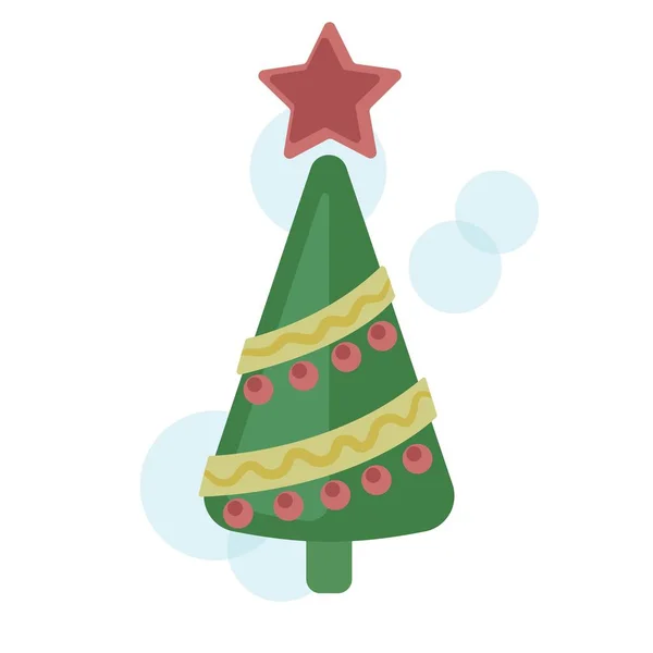 Vetor árvore de Natal decorada com bolas coloridas e uma estrela vermelha isolada em um fundo branco . — Vetor de Stock