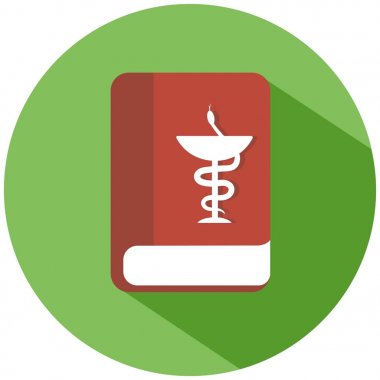 Yeşil bir daire kırmızı bir kitapta. Beyaz arka plan üzerinde izole kırmızı klinik tıp kitabı. Vektör simgesi.