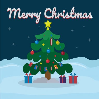 Karlı kış arka plan Noel ağacı ile neşeli Noel yazı. Vektör çizim için tebrik kartı.