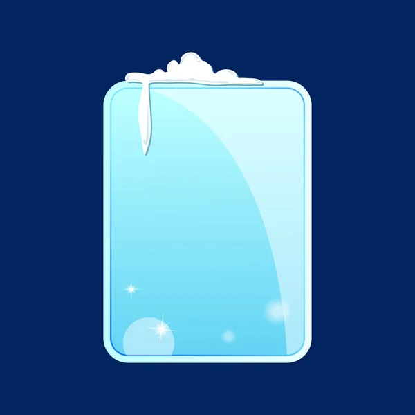 Trozo de hielo de vidrio con esquinas redondeadas, nieve y carámbanos sobre un fondo azul. Ilustración vectorial — Vector de stock