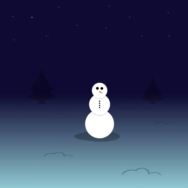 Weihnachten Schneemann in einer Schneelandschaft in der Nacht.. Vektor Illustration — Stockvektor