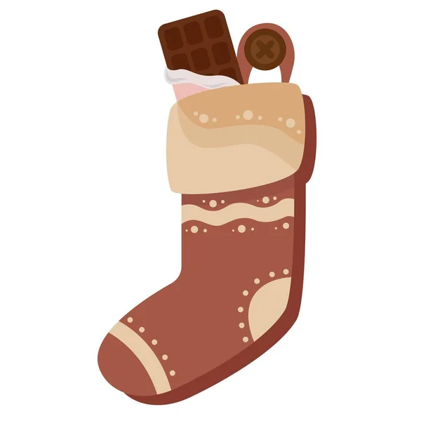 Chaussette de Noël pleine de bonbons, biscuits et cadeaux, isolée sur fond blanc. Illustration vectorielle — Image vectorielle