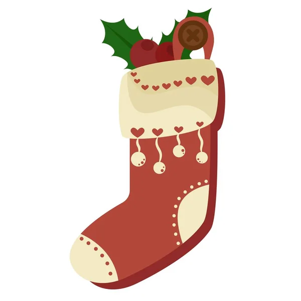 Meia vermelha de Natal cheia de doces, biscoitos e presentes, isolada em um fundo branco. Ilustração vetorial — Vetor de Stock