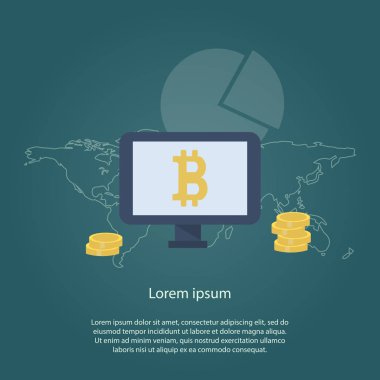 Bir Tv haber ve mavi bir arka plan üzerinde altın bitcoin paralar yığınları. İllüstrasyon vektör altın paralar.