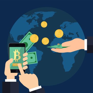 İki el bir telefon ve altın sikkeler üzerinde mavi bir arka plan ile. Altın sikke vektör yığılmış.