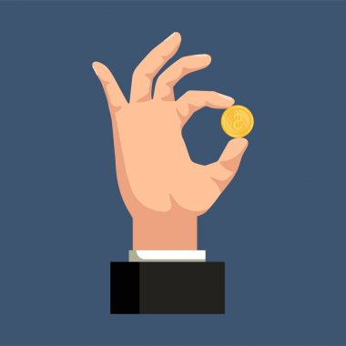 Bir altın sikke mavi bir arka plan üzerinde tutan bir el. Ekonomi kavramı. Vektör çizim.